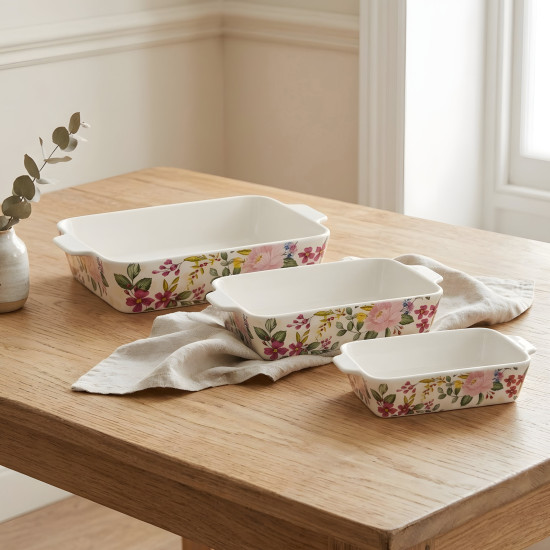 Floral Porcelain Casserole Set 3 Pcs